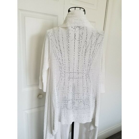 DKNY White Open Weave 100% Cotton Cardigan Elbow Length Sleeves Front Drape M/L - Picture 2 of 9